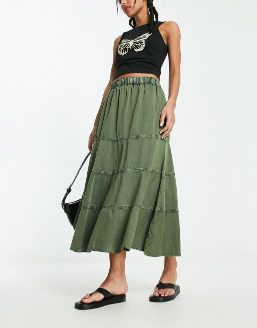 Miss Selfridge Petite poplin tiered maxi skirt in khaki