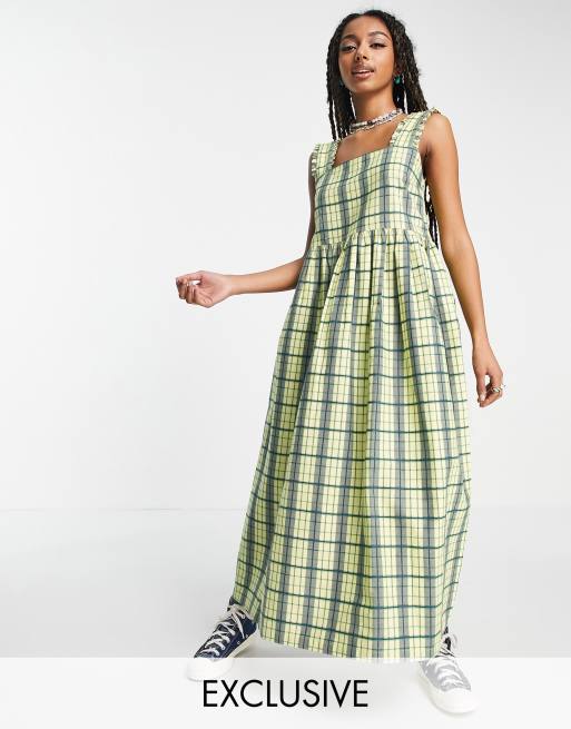 COLLUSION twill pinafore maxi dress in yellow check ASOS