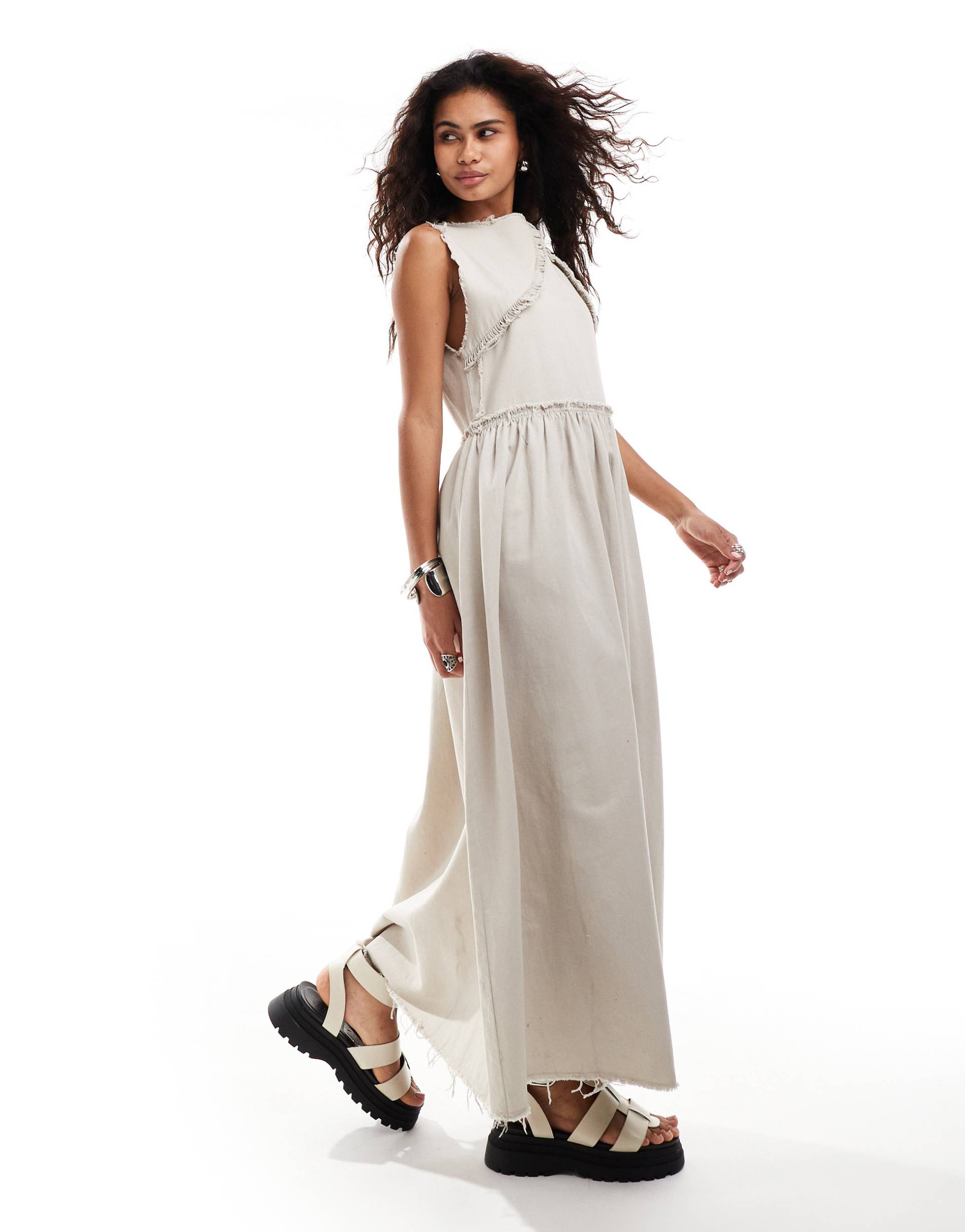 collusion twill raw hem maxi smock dress in stone