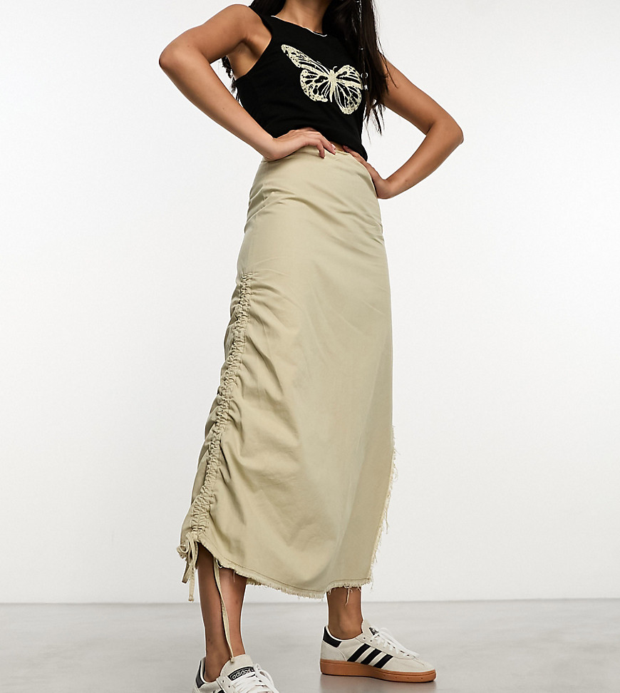 COLLUSION twill ruched maxi skirt with raw hem in washed khaki-Green