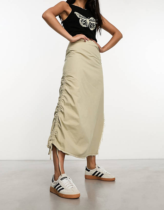 Collusion - twill ruched maxi skirt with raw hem in washed khaki