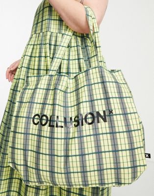 COLLUSION twill shopper bag in yellow market check