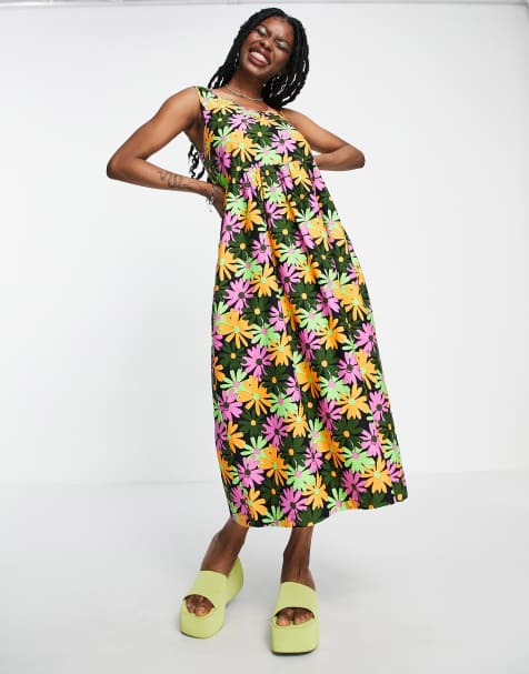COLLUSION twill sleeveless floral printed midi dress in multi - view 1