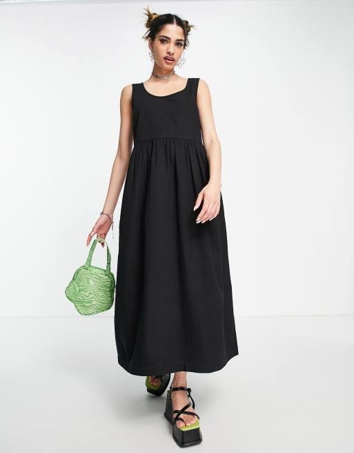 COLLUSION twill sleeveless smock midi dress in black