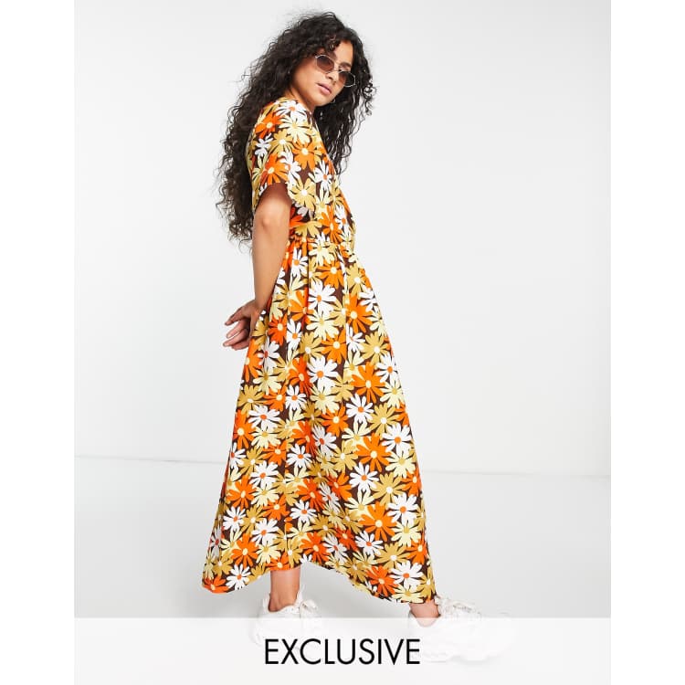 COLLUSION twill wrap maxi smock dress in orange floral print ASOS