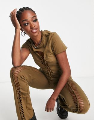 COLLUSION twist cropped t-shirt co-ord in brown  - ASOS Price Checker