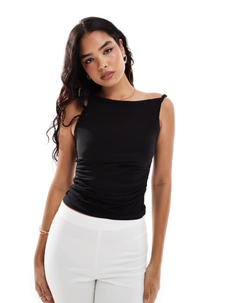 COLLUSION twist detail off the shoulder top in black - view 1