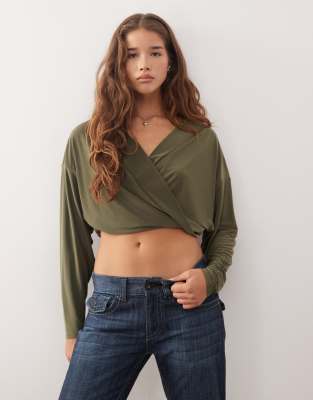 Collusion Twist Wrap Top With Volume Sleeves In Green