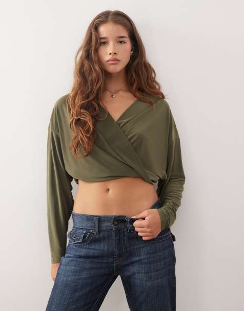 COLLUSION twist wrap top with volume sleeves in khaki green - view 1