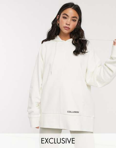 COLLUSION – Übergroßer Kapuzenpullover in Ecru mit Markenmuster