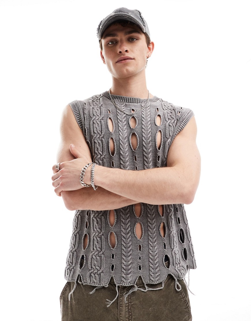 COLLUSION ulra distressed washed knitted vest in grey