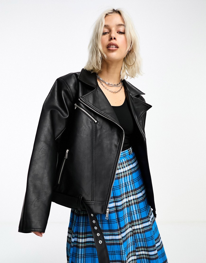 COLLUSION ultimate faux leather oversized biker jacket in black