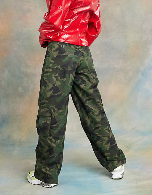 Women COLLUSION ultimate low rise cargo trouser in khaki camo print 