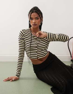 Collusion COLLUSION ultra micro crop cardigan in yellow micro stripe-Multi