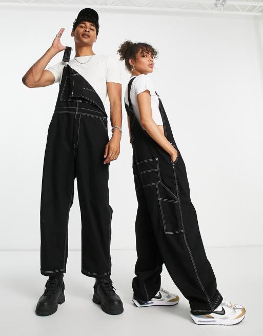 COLLUSION Uniseks - Oversized denim tuinbroek met contrasterende stiksels in zwart