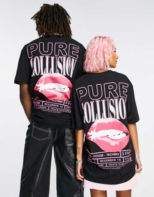 COLLUSION - Uniseks T-shirt met lippenprint in zwart