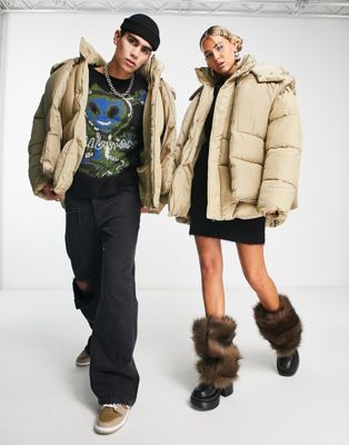 COLLUSION Unisex 2 in 1 puffer coat with attached gilet in stone-Neutral