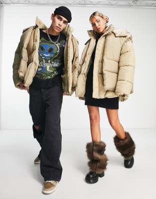 COLLUSION Unisex 2 in 1 puffer coat with attached gilet in stone