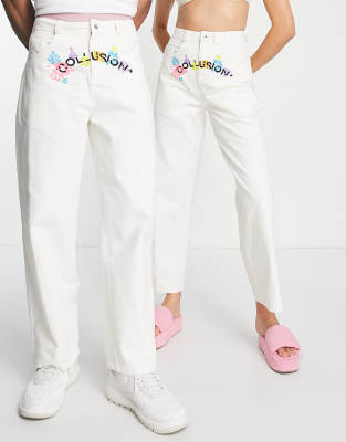 COLLUSION Unisex 90s baggy jeans with embroidery in ecru  - ASOS Price Checker