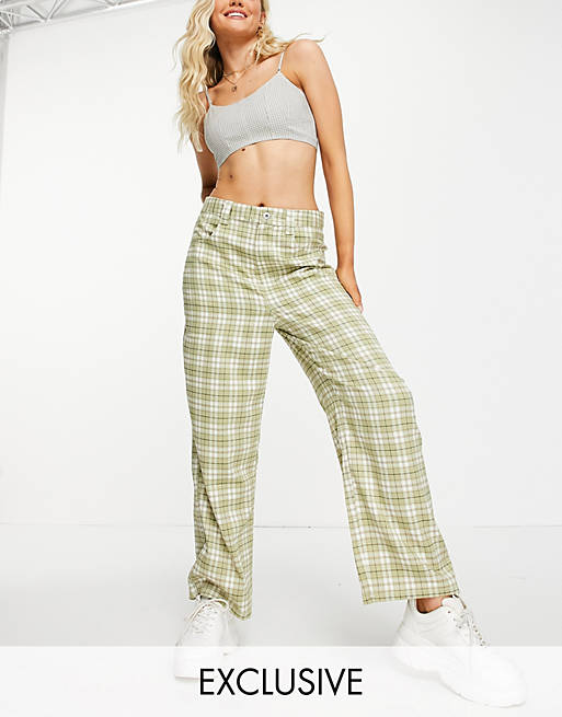 COLLUSION Unisex 90's fit baggy dad tailored trousers in green check - MULTI