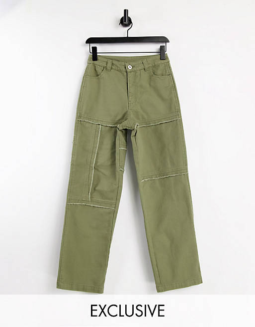 COLLUSION Unisex 90s straight leg trouser co-ord with seam detail in dusky green