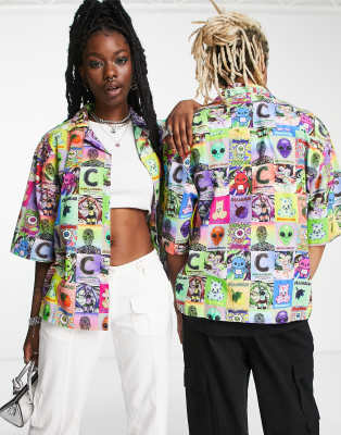 Collusion Unisex Alien Print Beach Shirt In Multi