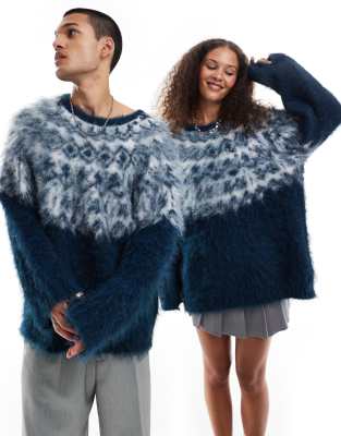 COLLUSION Unisex - Angerauter Oversize-Pullover in Blau mit Norwegermuster