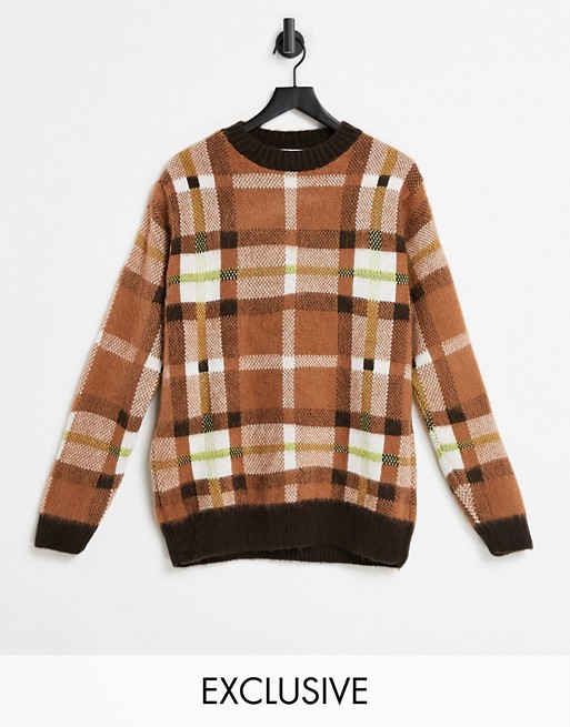COLLUSION Unisex brushed check jumper in brown