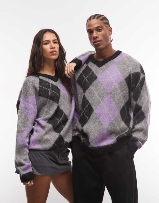 COLLUSION unisex argyle trui met V-hals en oversized pasvorm in lila en grijs, 2 van 4
