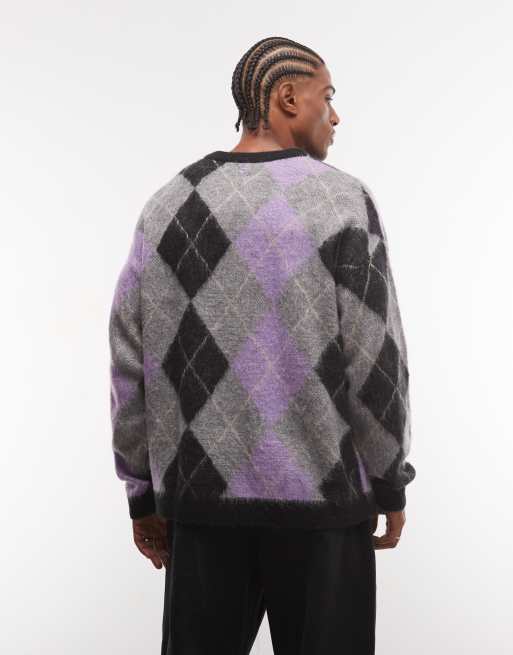 COLLUSION Unisex argyle v-neck oversized sweater in lilac & gray, 4 of 4