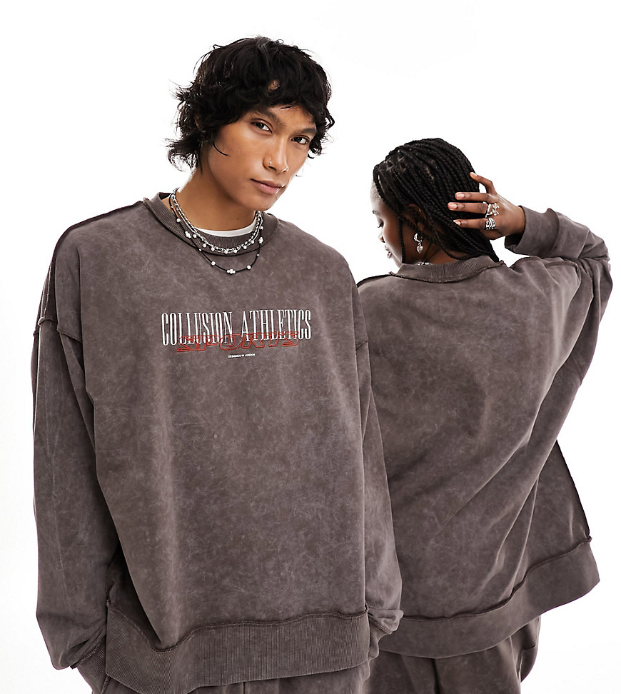 COLLUSION Unisex athletics varsity sweat in brown co-ord