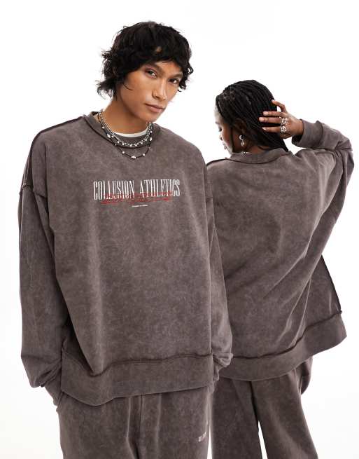 COLLUSION Unisex athletics varsity sweat in brown (part of a set)