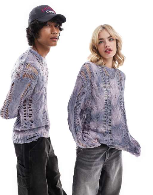 COLLUSION Unisex – Ausgeblichener Oversize-Strickpullover in Blau mit Zopfmuster