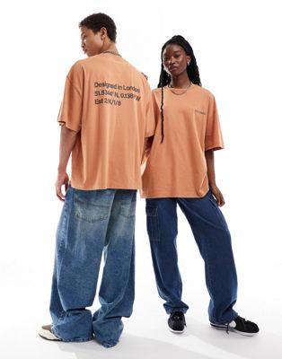 Unisex back branded t-shirt in burnt orange with wash