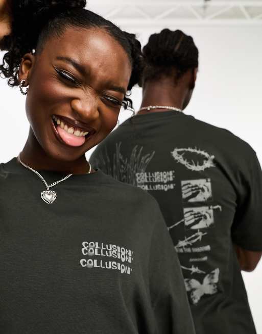 COLLUSION Unisex back graphic print t-shirt in charcoal | ASOS