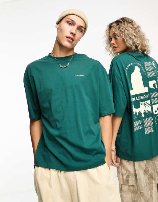 COLLUSION Unisex back graphic print T-shirt in green