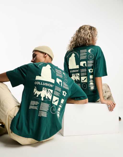 COLLUSION Unisex back graphic print T-shirt in green