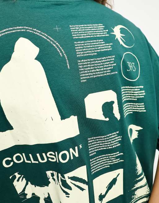 COLLUSION Unisex back graphic print T-shirt in green