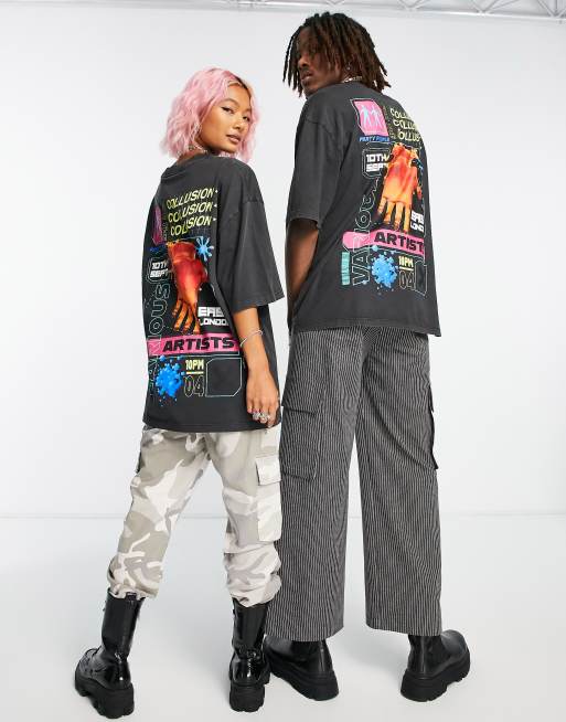 COLLUSION Unisex back print t-shirt in charcoal 