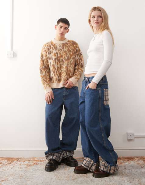 COLLUSION Unisex baggy jeans in rinse with check turn up hem - view 1