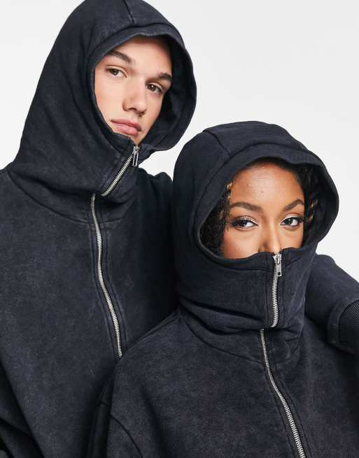 COLLUSION Unisex balaclava zip through hoodie in washed black