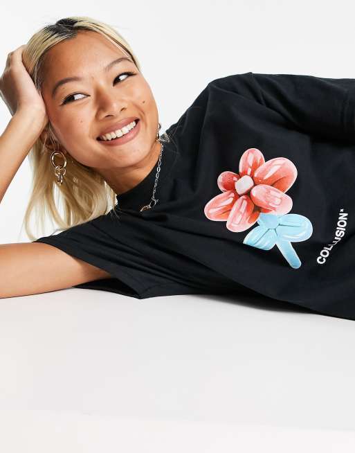 COLLUSION Unisex balloon flower t-shirt in black | ASOS