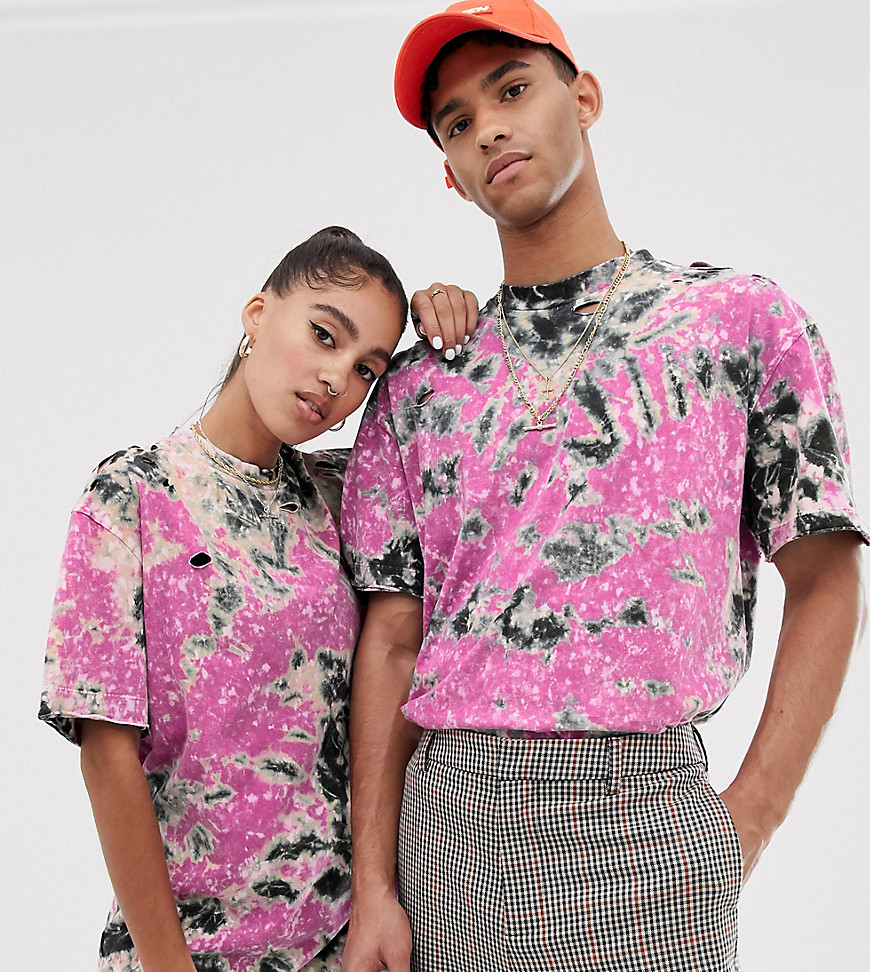COLLUSION – Unisex – Batikmönstrad t-shirt med revor-Flerfärgad