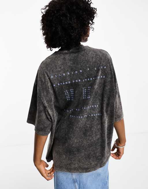 COLLUSION Unisex – Bedrucktes T-Shirt in verwaschenem Schwarz mit Used-Details 