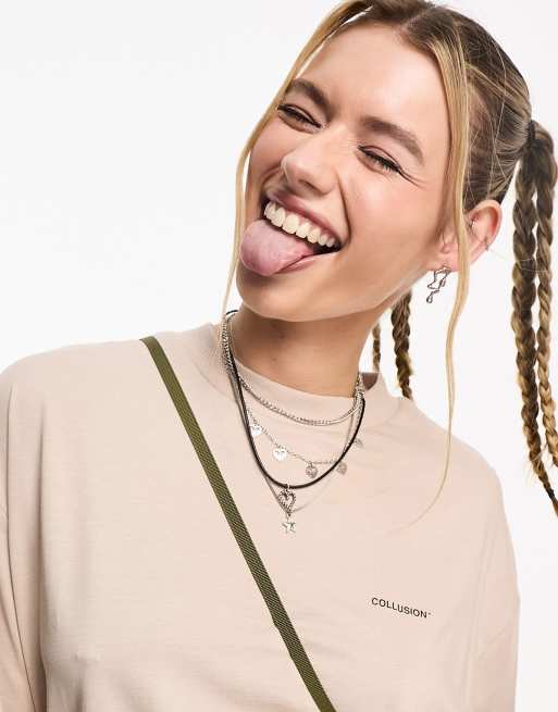 COLLUSION - Unisex - Beige langærmet T-shirt med logo, 2 af 4