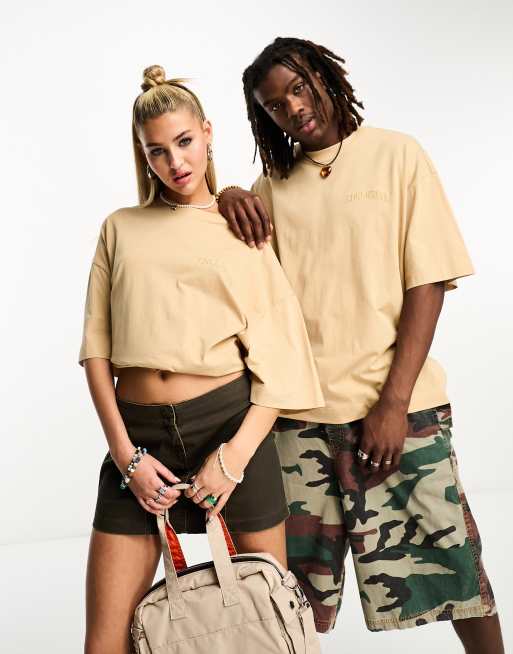 COLLUSION – Unisex – Beige t-shirt med broderad logga i collegestil 
