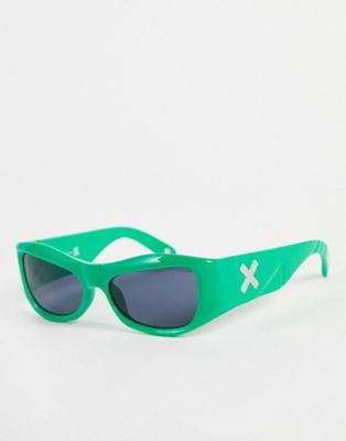COLLUSION Unisex bevelled sunglasses with logo and etch detail in green