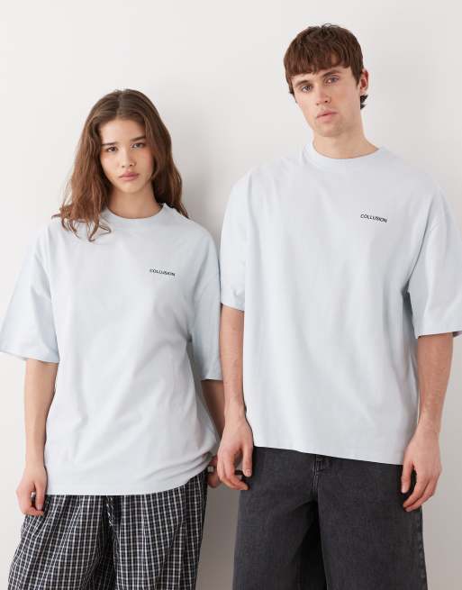 COLLUSION Unisex - Blå oversized T-shirt med grafik på ryggen, 3 af 4