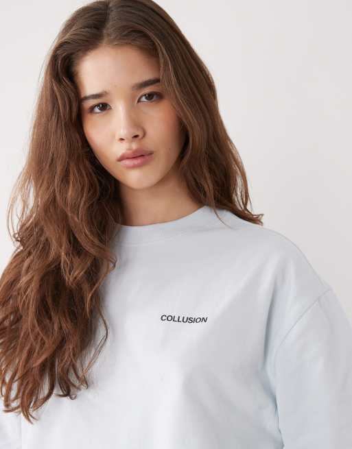 COLLUSION – Unisex – Blå skjorta i oversized fit med tryck baktill, 4 av 4