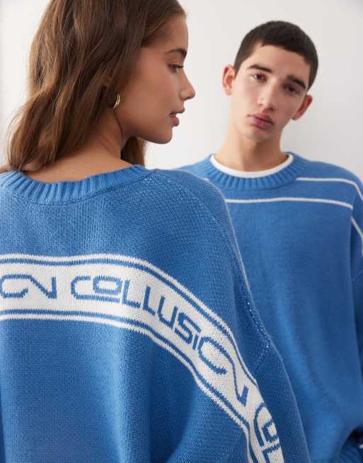 COLLUSION Unisex boxy fit knitted sweater jumper in blue